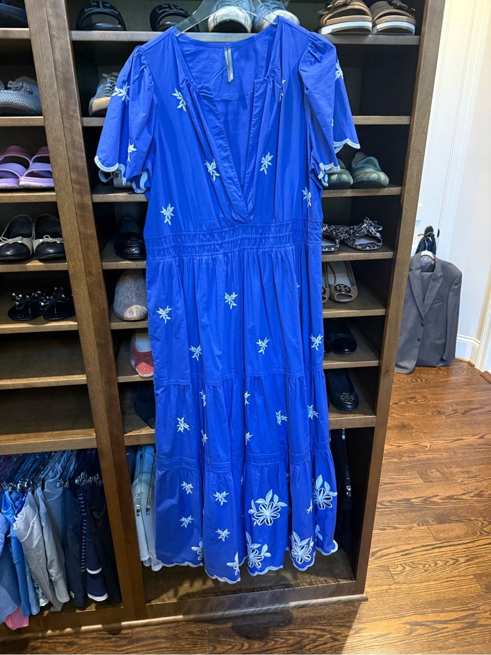 Maeve Blue Embroidered V-Neck Tiered Midi Dress